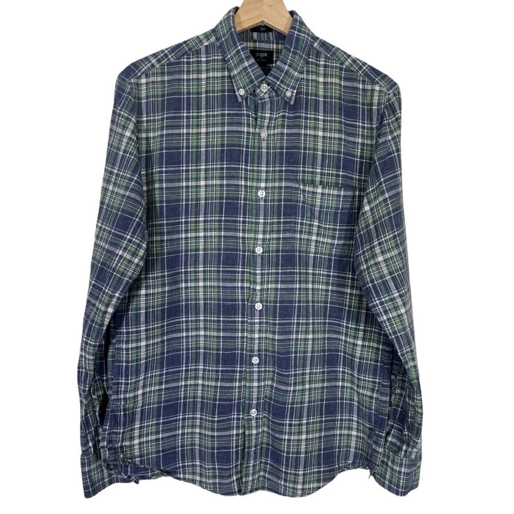 J Crew Mens Button Down Shirt Medium Homespun Long Sleeve Slim Fit Green Blue